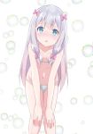  1girl :o bikini blue_eyes blush bow breasts cleavage collarbone eromanga_sensei eyebrows_visible_through_hair gradient_hair hair_between_eyes hair_bow hands_on_own_knees izumi_sagiri leaning_forward long_hair looking_at_viewer multicolored_hair navel new_game! pink_bow pink_hair shiny shiny_hair shokora_(xxde3745) silver_hair small_breasts solo standing swimsuit two-tone_hair very_long_hair white_bikini 