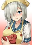  apron blue_eyes blush box breasts collarbone gradient gradient_background grey_hair hair_ornament hair_over_one_eye hairclip hamakaze_(kantai_collection) head_scarf heart-shaped_box highres kamelie kantai_collection large_breasts looking_at_viewer pink_background revision sailor_collar school_uniform serafuku short_hair short_sleeves solo upper_body white_background 