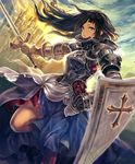  armor artist_request black_hair breastplate brown_eyes castle cross cygames dress gauntlets gloves knee_up knight long_hair official_art paladin shadowverse shield shingeki_no_bahamut shoulder_armor sword weapon white_paladin 