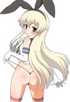  10s 1girl anchor_hair_ornament ass bare_shoulders black_panties blonde_hair blush elbow_gloves female female_only from_behind gloves hair_between_eyes hairband kantai_collection long_hair looking_at_viewer looking_back panties shimakaze_(kantai_collection) shiny shiny_skin shishimaru_ken&#039;ya simple_background sleeveless solo standing striped striped_legwear thighhighs thong underwear white_background white_gloves 