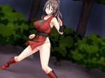  1girl breasts brown_hair erect_nipples fighting_stance floating_hair forest fundoshi gauntlets green_eyes highres large_breasts legs long_hair looking_at_viewer nightmare_express ninja original outdoors ponytail shimano_natsume sleeveless smile solo standing thighs trees 