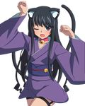  ;d arms_up bell bell_collar black_hair blue_eyes breasts cat_tail cleavage collar collarbone cowboy_shot fang japanese_clothes kimono long_hair minamiya_natsuki one_eye_closed open_mouth paw_pose purple_kimono short_kimono short_yukata small_breasts smile solo standing strike_the_blood tail thigh_strap transparent_background yukata 