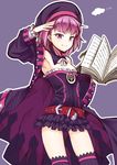  bare_shoulders belt book commentary_request fate/grand_order fate_(series) hat helena_blavatsky_(fate/grand_order) highres ichifuji_nitaka_(phase_nine) looking_at_viewer purple_eyes purple_hair salute short_hair smile solo strapless thighhighs tree_of_life 