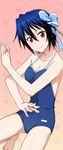  barefoot blue_bow blue_hair blue_swimsuit bow breasts cleavage collarbone competition_school_swimsuit hair_between_eyes hair_bow looking_at_viewer medium_breasts mole mole_under_eye nisekoi one-piece_swimsuit red_eyes school_swimsuit short_hair smile solo stance swimsuit tsugumi_seishirou 