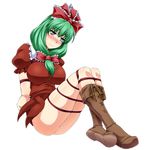  3: arms_behind_back bangs bdsm blush bondage boots bound bound_arms bound_legs bow breasts brown_footwear closed_mouth commentary_request dress frills front_ponytail full_body green_eyes green_hair hair_bow kagiyama_hina large_breasts long_hair looking_at_viewer no_panties nose_blush ootsuki_wataru puffy_short_sleeves puffy_sleeves red_bow red_dress restrained shibari shibari_over_clothes short_sleeves solo sweat touhou transparent_background wavy_mouth 