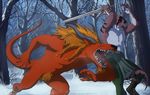  2014 5_fingers anthro black_nose braided_hair canine clothed clothing day detailed_background dragonoid duo fur hair holding_object holding_weapon male mammal nude open_mouth orange_fur outside red_eyes snow sythgara teeth tongue topless weapon 