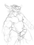  anthro balls bovine cattle clothing dangpa drooling erection humanoid_penis licking licking_lips loincloth looking_at_viewer male mammal monochrome musclegut nipple_piercing nipples penis piercing saliva sketch smile solo standing tongue tongue_out 