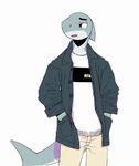  anthro clothed clothing fish hands_in_pockets male marine open_mouth serex shark simple_background solo teeth white_background 