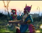  anthro black_bars breasts canine clothed clothing day demon duo fallout female fox fur hair holding_object holding_weapon horn hybrid mammal outside purple_eyes purple_fur purple_hair red_hair selene_leni smile sora_(sorafoxyteils) sorafoxyteils video_games weapon 