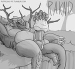  armpits balls big_balls cum erection looking_at_viewer male masturbation monochrome musclegut penetrable_sex_toy penis putricia raknd scalie sex_toy simple_background solo tree 