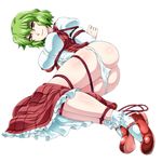  bdsm blush bondage bound breasts commentary_request full_body green_hair kazami_yuuka large_breasts mary_janes mole mole_under_eye naughty_face ootsuki_wataru panties panty_pull plaid plaid_vest red_eyes shibari shibari_over_clothes shoes short_hair skirt skirt_pull smile solo touhou transparent_background underwear vest 