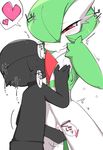  1girl artist_request blush censored fingering furry gardevoir green_hair nipple_sucking pokemon pokemon_(creature) pussy red_eyes simple_background spoken_heart trembling 