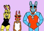  2016 animatronic anthro avian bear bib bird bow_tie breasts buckteeth bulge bunny_costume chicken cleavage clothed clothing costume fake_ears female five_nights_at_freddy&#039;s five_nights_at_freddy&#039;s_2 group hands_on_hips hat inkyfrog lagomorph looking_at_viewer machine male mammal pink_background rabbit robot simple_background teeth torn_clothing toy_bonnie_(fnaf) toy_chica_(fnaf) toy_freddy_(fnaf) video_games 