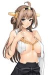  ahoge black_skirt blue_eyes blush breasts brown_hair double_bun hairband headgear highres kantai_collection kongou_(kantai_collection) large_breasts long_hair looking_at_viewer no_bra siesta_(artist) simple_background skirt solo torn_clothes upper_body white_background 