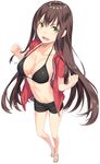  bad_perspective bikini_top brown_hair foreshortening full_body green_eyes jacket kimura_(ykimu) long_hair looking_at_viewer open_clothes open_jacket open_mouth original sandals shorts simple_background solo standing 