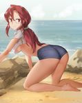  &gt;:) all_fours ass barefoot beach breasts day glasses highres kanna_(pokemon) kneeling light_smile looking_at_viewer looking_back medium_breasts no_bra ocean outdoors pokemon pokemon_(game) pokemon_frlg red_eyes red_hair sendrawz short_shorts shorts sky smile underboob v-shaped_eyebrows 
