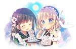  2girls :d ^_^ ama_usa_an_uniform animal_ears blonde_hair blue_eyes blush brown_hair bunny_ears closed_eyes dango eating eyebrows_visible_through_hair fleur_de_lapin_uniform flower food gochuumon_wa_usagi_desu_ka? hair_flower hair_ornament hair_ribbon kirima_sharo long_hair looking_at_another maid maid_headdress mitsumomo_mamu multiple_girls open_mouth ribbon short_hair smile takoyaki tray ujimatsu_chiya wagashi white_ribbon 