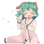  :d ^_^ animal_ears blush broom closed_eyes commentary dog_ears dress facing_viewer fang green_hair happy heart_sutra ini_(inunabe00) kasodani_kyouko no_nose open_mouth petals short_hair smile solo touhou 