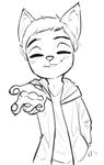  2017 alec8ter anthro black_and_white blush cassidy_(alec8ter) cat clothed clothing digital_media_(artwork) eyes_closed feline fur hand_in_pocket hoodie inner_ear_fluff male mammal monochrome open_hoodie reaching_towards_viewer signature simple_background smile solo white_background 