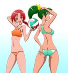  2girls arm_behind_head arm_up ass ball bikini blush bow breasts butt_crack collarbone erect_nipples green_eyes green_hair hair_bow hino_akane_(smile_precure!) looking_back midorikawa_nao multiple_girls one_eye_closed ponytail precure red_eyes red_hair short_hair small_breasts smile_precure! sports_bikini swimsuit volleyball wink 