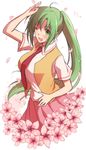  ahoge amazuki_jou breasts flower green_eyes green_hair higurashi_no_naku_koro_ni large_breasts long_hair long_ponytail looking_at_viewer necktie one_eye_closed pink_skirt ponytail red_neckwear skirt solo sonozaki_mion vest 