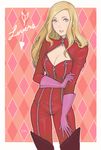  alternate_hairstyle blonde_hair blue_eyes boots breasts cleavage gloves hair_down highres jivke large_breasts long_hair looking_at_viewer persona persona_5 smile solo takamaki_anne thigh_boots thighhighs zipper 