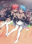  apron blue_eyes blue_hair blue_ribbon bow breasts dated detached_collar detached_sleeves flower footsies hair_ornament hair_over_one_eye hair_ribbon highres maid maid_headdress mouth_hold multiple_girls no_shoes open_mouth panties panty_pull ram_(re:zero) re:zero_kara_hajimeru_isekai_seikatsu red_eyes red_hair red_ribbon rem_(re:zero) ribbon ribbon_in_mouth short_hair siblings side-tie_panties signature sisters small_breasts triangle_mouth twins underwear undressing waist_apron white_panties wide_sleeves x_hair_ornament zhongye_yu 