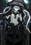  black_cape black_gloves blue_eyes cane cannon cape closed_mouth crossed_legs expressionless gloves glowing glowing_eyes hand_on_cane head_rest i-class_destroyer kantai_collection looking_at_viewer pale_skin rigging setu_(pixiv3394201) shinkaisei-kan sitting solo teeth throne white_hair wo-class_aircraft_carrier 