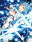  blue_hair bow_(weapon) breasts brown_eyes cleavage cleavage_cutout dutch_angle fingerless_gloves foreshortening gloves hair_between_eyes hortensia_saga long_hair looking_at_viewer medium_breasts mmu navel official_art open_mouth solo thighhighs very_long_hair watermark weapon white_gloves 