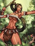  :o absurdres armpits bare_shoulders black_hair breasts cleavage clyde_s commentary cowboy_shot dark_skin day facial_mark forest green_eyes highres large_breasts league_of_legends loincloth long_hair looking_away mushroom nature navel nidalee open_mouth ponytail revealing_clothes solo tree tribal v-shaped_eyebrows very_long_hair 