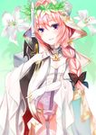  astolfo_(fate) belt blush braid chain cosplay crossdressing fate/apocrypha fate/extra fate/extra_ccc fate_(series) flower gloves hair_ribbon lock long_hair looking_at_viewer male_focus nero_claudius_(bride)_(fate) nero_claudius_(bride)_(fate)_(cosplay) nero_claudius_(fate)_(all) otoko_no_ko p_answer padlock pink_hair purple_eyes ribbon single_braid smile solo weapon zipper 