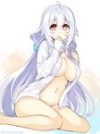  ahoge barefoot blush breasts brown_eyes cu-no dress_shirt hisenkaede large_breasts long_hair long_sleeves looking_at_viewer naked_shirt navel no_bra no_panties open_clothes open_shirt rapua_qive shirt silver_hair sitting sketch solo very_long_hair wariza white_shirt 