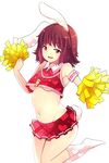  alternate_costume animal_ears armband bare_shoulders belly blush breasts brown_hair bunny_ears bunny_tail cheerleader commentary crop_top fang heart heart_print inaba_tewi ippongui looking_at_viewer microskirt midriff navel no_bra no_shoes open_mouth panties pink_panties pom_poms red_eyes short_hair simple_background skirt sleeveless small_breasts smile solo tail touhou underboob underwear white_background white_legwear 