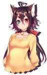  :&lt; ?? ahoge animal_ears bell bell_choker black_hair blue_eyes breasts cat_ears choker closed_mouth collarbone drop_shadow hair_between_eyes hair_ribbon heterochromia horns long_hair long_sleeves looking_at_viewer original phantasy_star phantasy_star_online_2 red_eyes red_ribbon ribbon shirt slit_pupils small_breasts solo yellow_shirt yutazou 