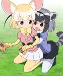  :3 animal_ears black_footwear black_hair black_ribbon black_skirt blue_shirt blush breast_pocket brown_eyes brown_hair common_raccoon_(kemono_friends) d: dot_nose eyebrows_visible_through_hair eyelashes fang fennec_(kemono_friends) food fox_ears fox_tail full_body fur_collar fur_trim gloves grass grey_hair hair_between_eyes hands_on_another's_stomach highres holding holding_food hug hug_from_behind japari_bun jitome kemono_friends looking_at_another looking_to_the_side multicolored_hair multiple_girls neck_ribbon open_mouth outdoors pantyhose pink_sweater pleated_skirt pocket puffy_short_sleeves puffy_sleeves raccoon_ears raccoon_tail ribbon sat-c shadow shiny shiny_skin shirt shoes short_hair short_sleeve_sweater short_sleeves skirt smile squatting striped_tail sweater tail thighhighs tsurime white_footwear white_hair white_legwear white_skirt yellow_gloves yellow_legwear yellow_ribbon zettai_ryouiki 