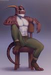  2016 3_fingers 3_toes abs anthro chair clothed clothing easkull horn looking_at_viewer navel simple_background sitting solo sythgara thoryniel_telvan toes topless 