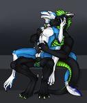  2017 anal anal_penetration animal_genitalia anthro balls blue_fur blusky claws collar dragon duo erection fur halley hi_res interspecies male male/male neverneverland nude open_mouth pejeverdo penetration penis scalie sergal sex simple_background tail_ring tongue white_fur zett 