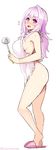  apron blush breasts cu-no full_body hisenkaede ladle large_breasts long_hair looking_at_viewer naked_apron open_mouth original pink_hair purple_eyes sandals simple_background solo white_background yayoi_sakura 