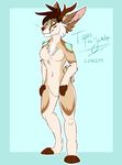  anthro antlers canine featureless_crotch female fur hair horn hybrid mammal nude smile solo standing topazxwolf 
