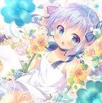  :o blue_bow blue_choker blue_eyes blue_hair blue_ribbon blush bow choker dress eyebrows_visible_through_hair flower gochuumon_wa_usagi_desu_ka? hair_flower hair_ornament hair_ribbon kafuu_chino looking_at_viewer mitsumomo_mamu open_mouth ribbon solo swing swinging white_dress 