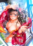  arm_over_head blue_eyes blurry blush botan_mochito breasts brown_hair checkered checkered_floor cleavage collarbone comic_kairakuten_beast depth_of_field floral_print from_above highres indoors japanese_clothes kimono large_breasts lips long_hair looking_at_viewer obi off_shoulder open_window original parted_lips red_kimono sash short_kimono side_ponytail sitting skindentation solo wide_sleeves window 