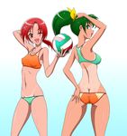  2girls arm_behind_head arm_up ass ball bikini bikini_tan blush bow breasts butt_crack collarbone costume_switch erect_nipples green_eyes green_hair hair_bow hino_akane_(smile_precure!) looking_back midorikawa_nao multiple_girls one-piece_tan one_eye_closed ponytail precure red_eyes red_hair short_hair small_breasts smile_precure! sports_bikini swimsuit tan tanline volleyball wink 