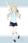  2010 2010_fifa_world_cup ^_^ alternate_hairstyle argentina arm_up black_shorts blonde_hair blush cleats clenched_hands closed_eyes emblem facepaint food full_body hair_between_eyes highres k-on! kneehighs kotobuki_tsumugi long_hair low_twintails open_mouth outstretched_arm raised_fist revision rokujou_jun shirt short_sleeves shorts soccer_uniform solo sportswear striped striped_legwear striped_shirt takuan thick_eyebrows twintails vertical-striped_shirt vertical_stripes white_legwear world_cup 