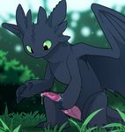  2017 animal_genitalia animal_penis big_penis black_scales blitzdrachin claws cum cute detailed_background dragon feral grass green_eyes how_to_train_your_dragon knot male particles penis scales solo toothless wings 