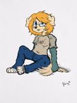  2017 anthro blue_eyes canine clothing dog eyewear female flat_colors footwear glasses golden_retriever goldie_(unnam3d) hair jeans looking_at_viewer mammal orange_hair pants shirt simple_background sitting sketch sleeves sneakers star tattoo text unnam3d white_background 