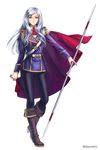  aken arms_at_sides ascot belt black_pants boots breasts brown_footwear cape closed_mouth commentary_request epaulettes full_body highres holding holding_weapon knee_boots long_hair long_sleeves looking_at_viewer medium_breasts military military_uniform original pants polearm red_cape red_eyes silver_hair smile solo standing twitter_username uniform weapon 