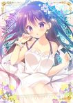  :o blush bra bra_strap bracelet breasts cleavage dress eyebrows_visible_through_hair flower_bracelet gochuumon_wa_usagi_desu_ka? jewelry large_breasts long_hair looking_at_viewer mitsumomo_mamu open_mouth purple_bra purple_eyes purple_hair solo tedeza_rize underwear white_dress 