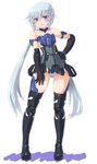  :&lt; bare_shoulders black_gloves black_legwear blue_eyes blue_hair closed_mouth dd_(ijigendd) detached_collar doll_joints elbow_gloves eyebrows_visible_through_hair frame_arms_girl full_body gloves highres long_hair looking_at_viewer mecha_musume panties shiny shiny_clothes shiny_hair shiny_skin simple_background skirt solo standing striped striped_panties stylet thighhighs triangle_mouth twintails underwear v-shaped_eyebrows very_long_hair white_background 