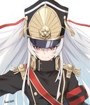  altair_(re:creators) armband commentary_request hair_ribbon hat high_collar highres ivan_wang long_hair military military_uniform re:creators red_eyes ribbon shako_cap solo uniform upper_body white_hair 