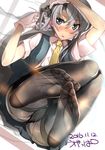  artist_name blue_eyes blush commentary_request dated eyebrows_visible_through_hair feet feet_up gloves grey_hair gusset hair_between_eyes kantai_collection legs_up looking_away lying necktie nowaki_(kantai_collection) on_back open_mouth panties panties_under_pantyhose pantyhose school_uniform shirt short_hair short_sleeves signature skirt skirt_pull solo thighband_pantyhose ugeppa underwear white_gloves white_shirt 
